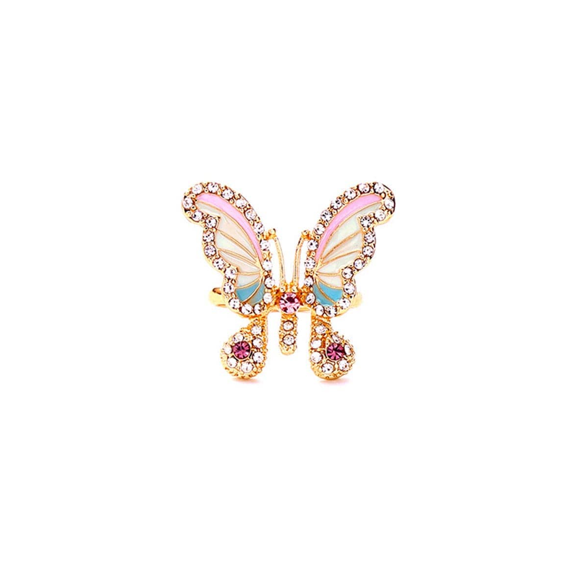 Cubic Zirconia & Enamel Goldtone Pastel Butterfly Adjustable Ring