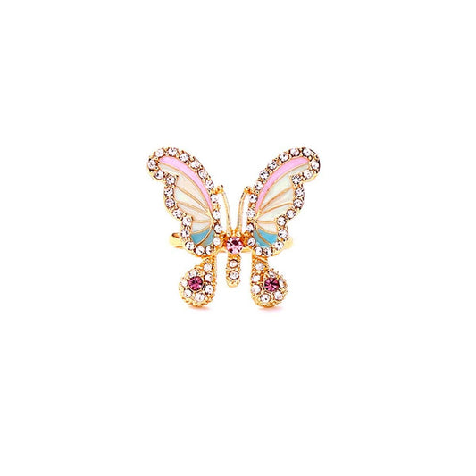 Cubic Zirconia & Enamel Goldtone Pastel Butterfly Adjustable Ring