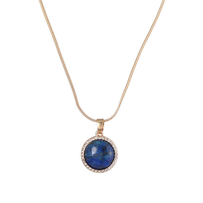 Blue Lapis & Cubic Zirconia Halo Round Pendant Necklace-1