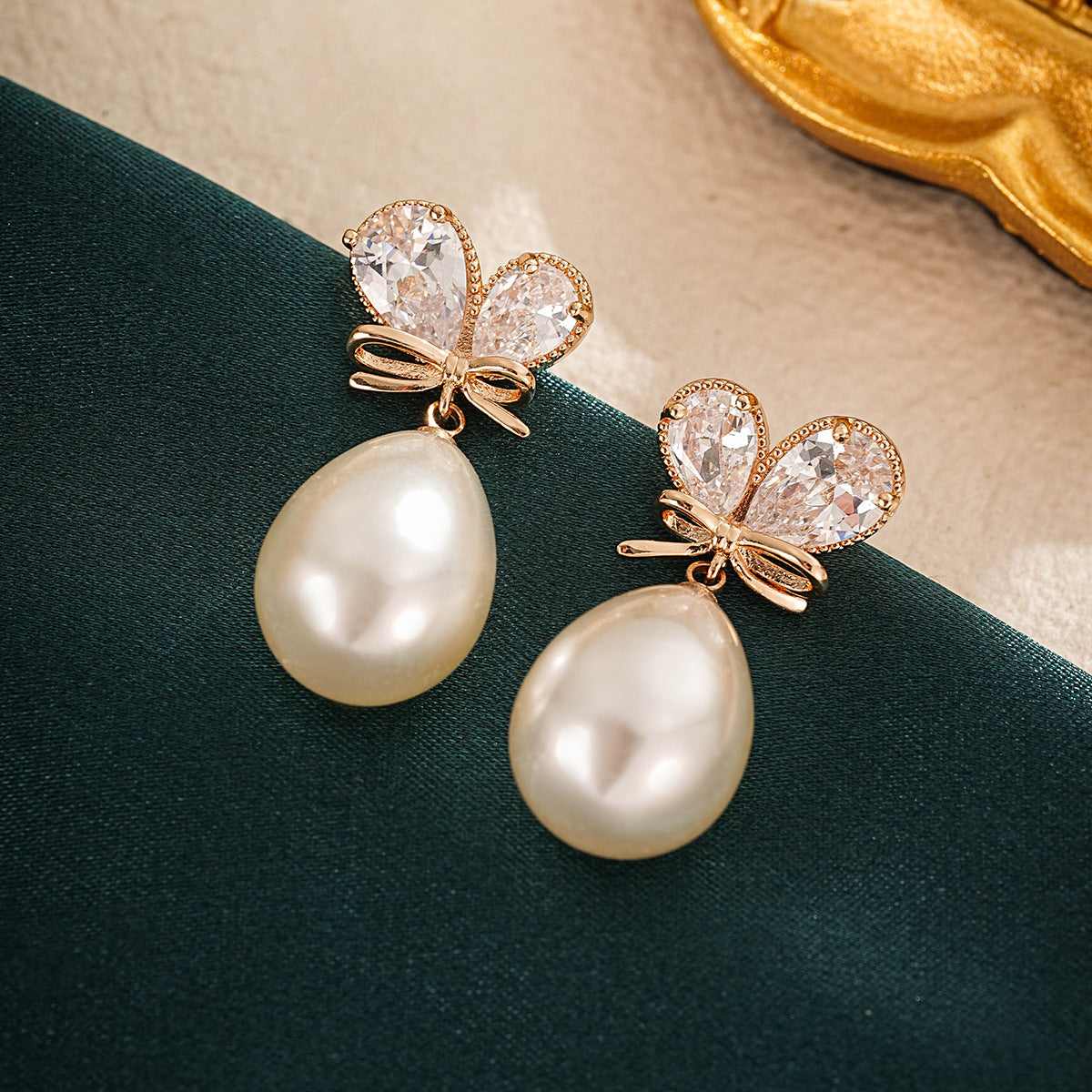 Pear Crystal & Pearl Goldtone Butterfly Drop Earrings