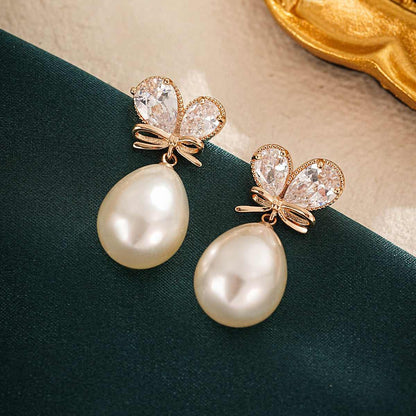 Pear Crystal & Pearl Goldtone Butterfly Drop Earrings