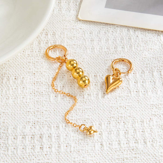 Goldtone Mismatching Beaded Tassel Heart Dangle Earrings
