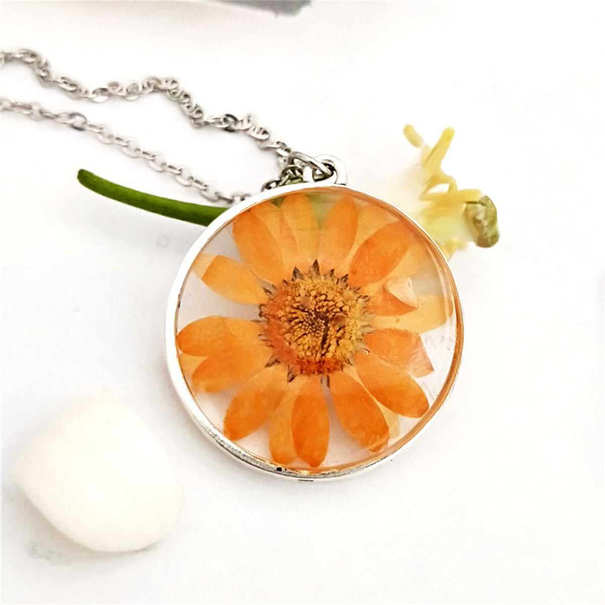 Orange Pressed Mum & Silvertone Round Pendant Necklace