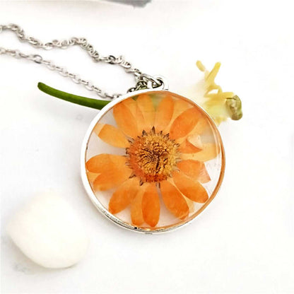 Orange Pressed Mum & Silvertone Round Pendant Necklace