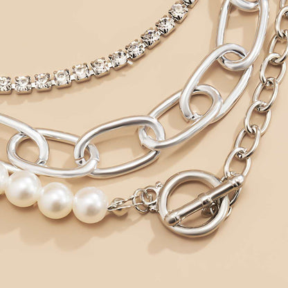 Pearl & Cubic Zirconia Silvertone Toggle Choker Necklace Set