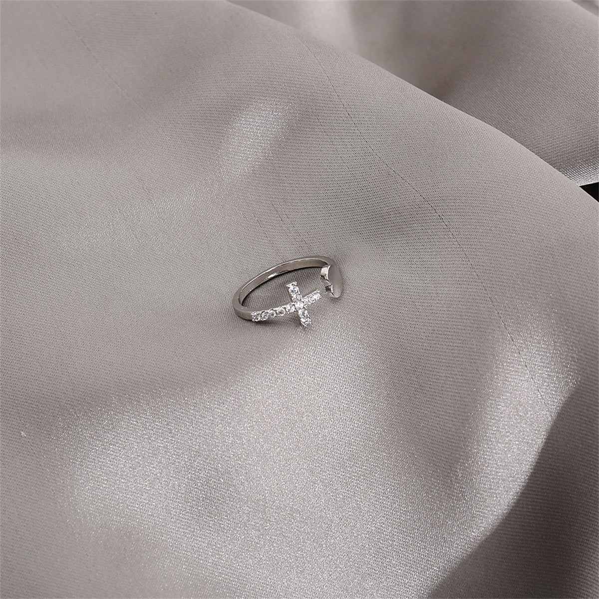 Cubic Zirconia & Silvertone Pavé Heart Cross Bypass Ring