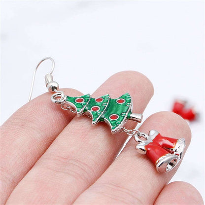 Green & Silvertone Christmas Tree Bell Drop Earrings