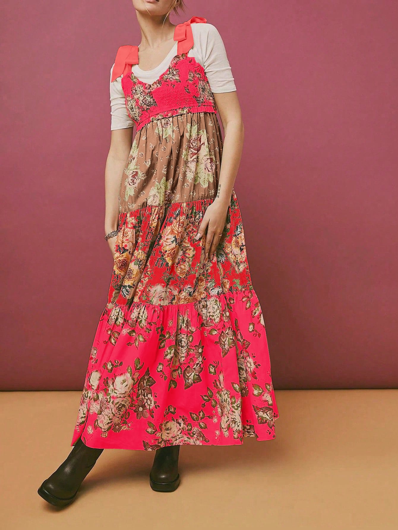 Chic YC Women's Floral Print Tiered Maxi Tie Shoulder Ruffle Hem Flowy Dress Red / Small Chic YC Women's Floral Print Tiered Maxi Tie Shoulder Ruffle Hem Flowy Dress Red / Small