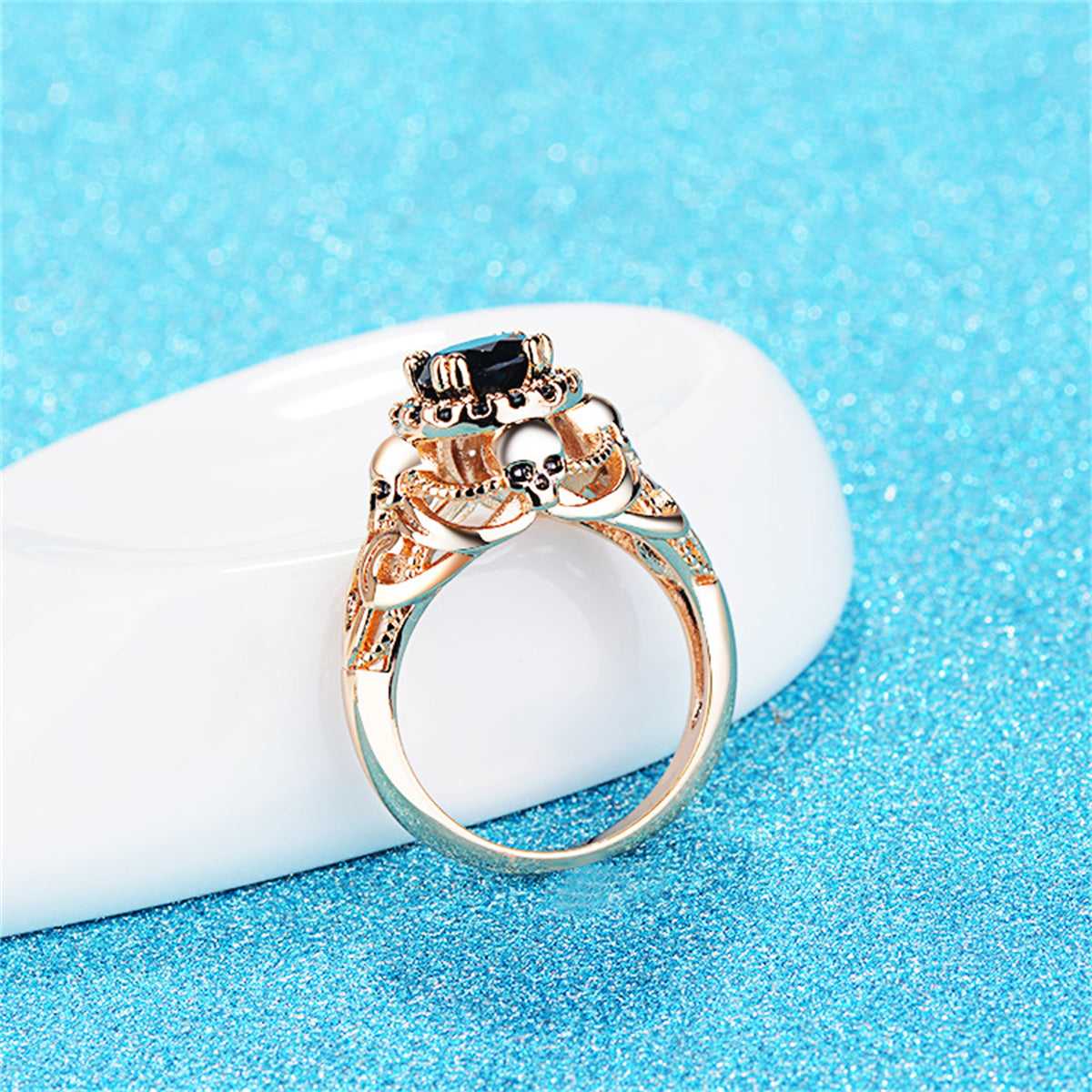 Black Crystal & Cubic Zirconia Goldtone Skull Ring-3