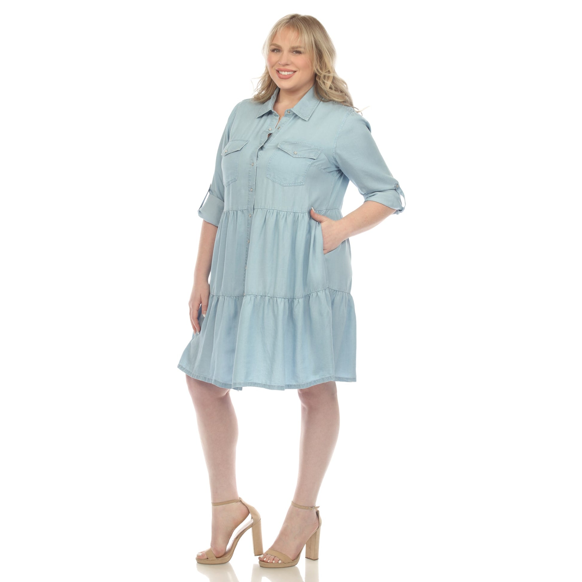 plus size chambray shirt dress PLUS SIZE DARK CHAMBRAY RUFFLE HEM BUTTON DOWN SHIRT DRESS
