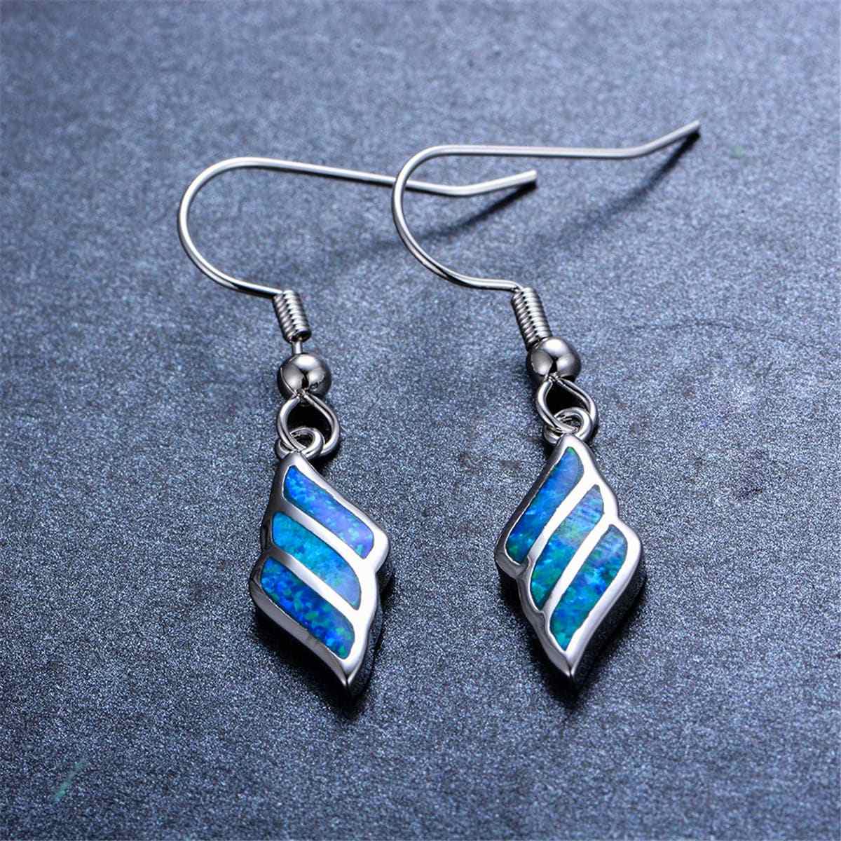 Blue Opal & Silvertone Wing Drop Earrings