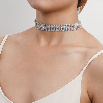 Cubic Zirconia & Silvertone Strand Choker Necklace