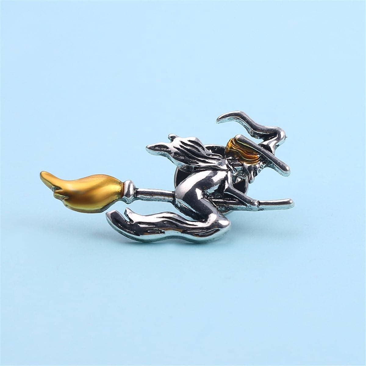 Yellow & Silvertone Flying Witch Brooch