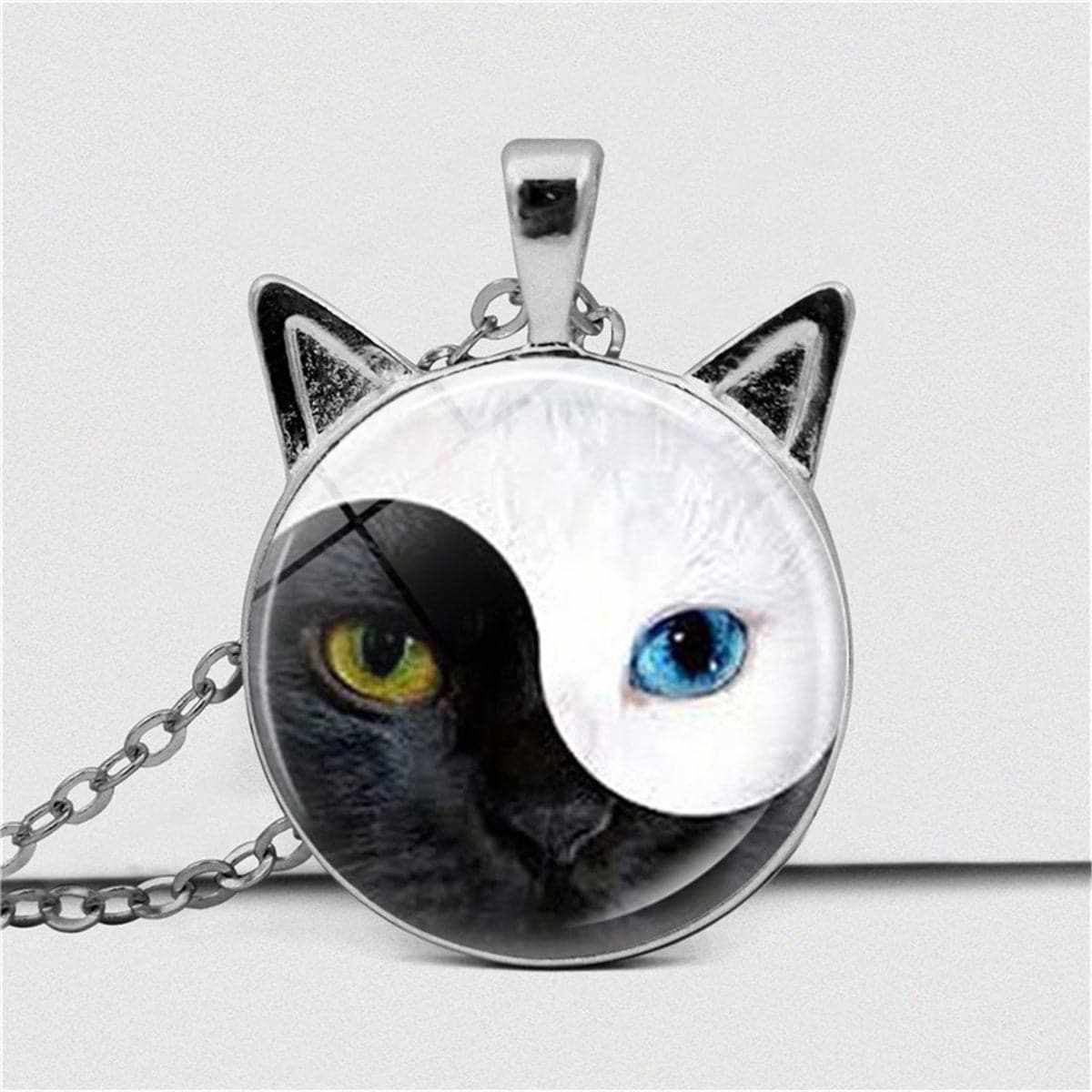 Black Glass & Silvertone Yin & Yang Cat Pendant Necklace