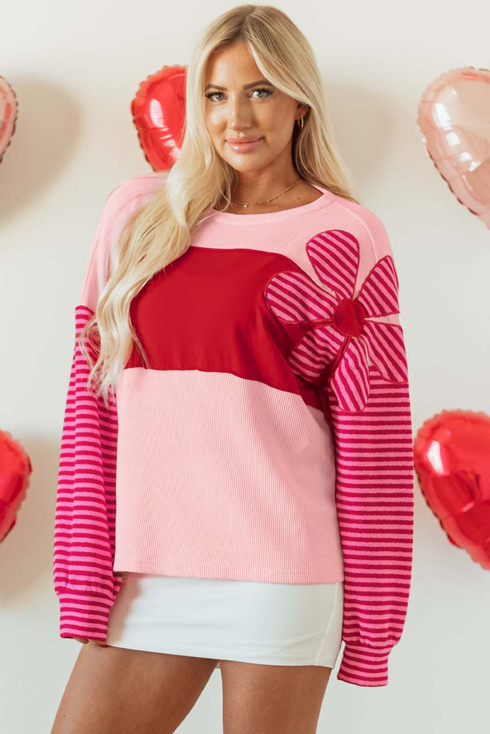 Emi Striped Sleeve Textured Top - Pink / L - 12/14