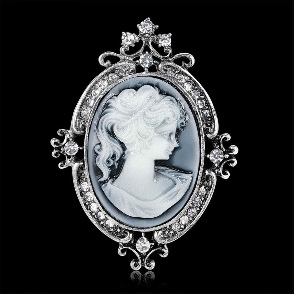 Cubic Zirconia & Silvertone Silhouette Brooch