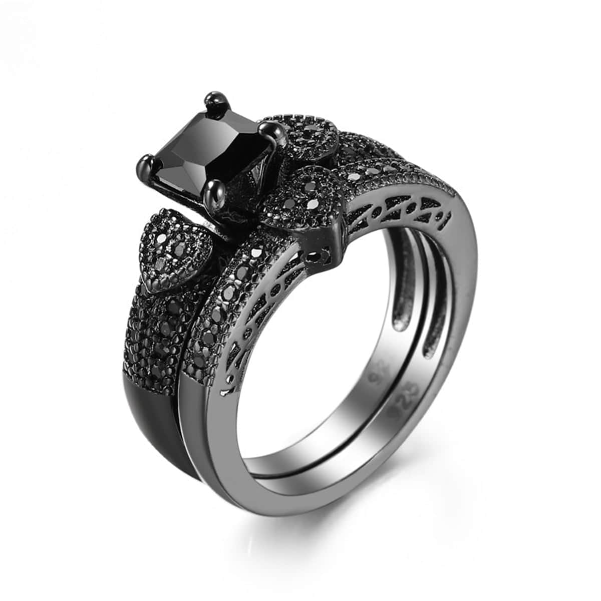 Black Crystal & Black Cubic Zirconia Heart Princess-Cut Ring & Pavé Band-4