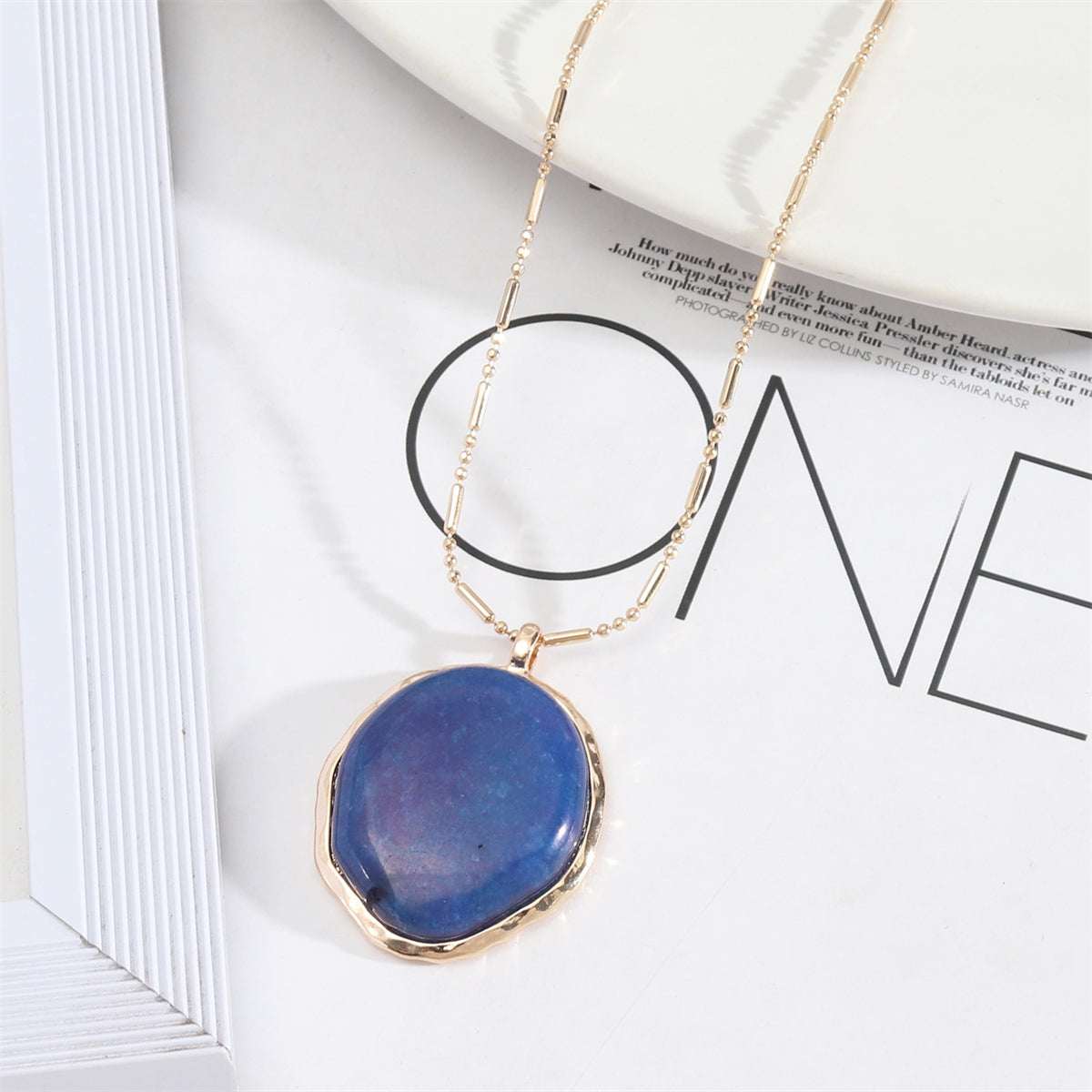 Dark Blue Quartz & Goldtone Oval Pendant Necklace