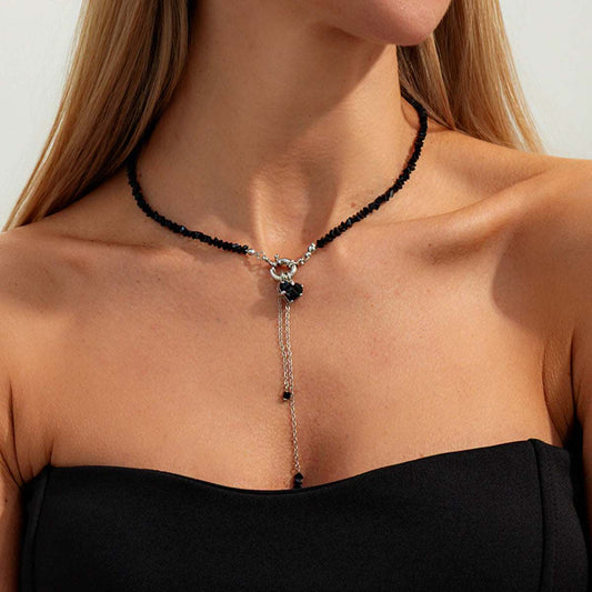 Black Crystal & Acrylic Silvertone Heart Pendant Tassel Toggle Necklace
