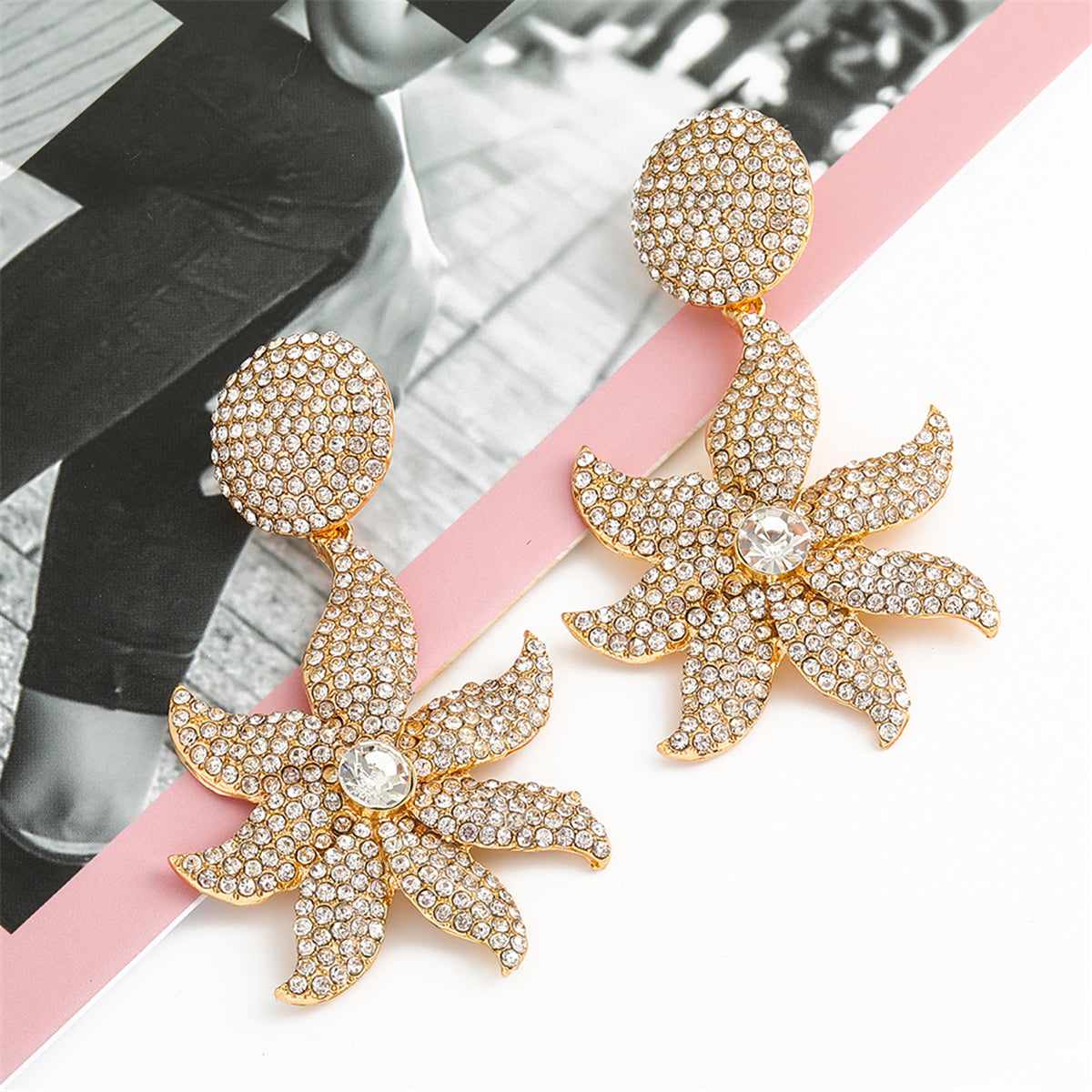 Cubic Zirconia Goldtone Flower Drop Earrings