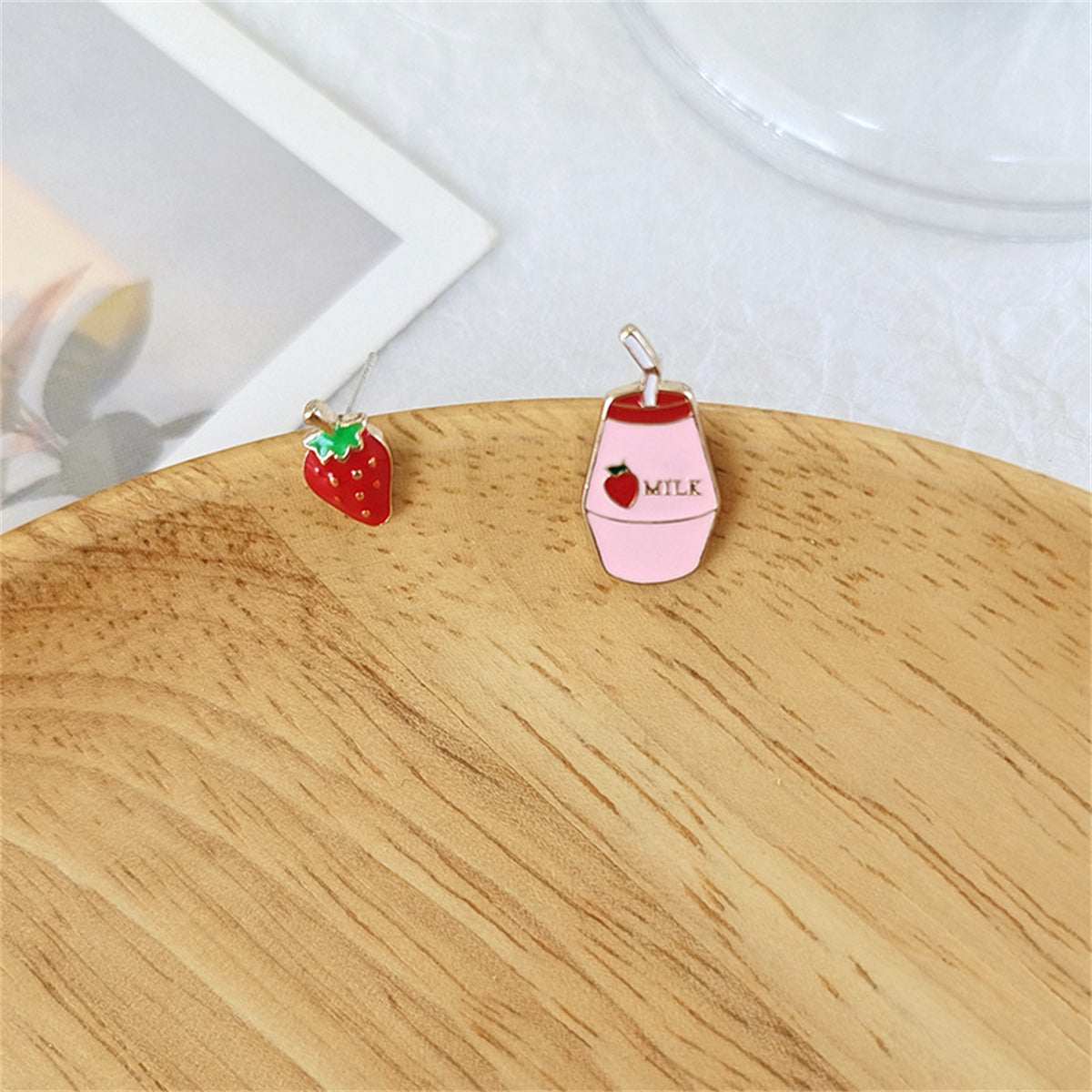 Pink Enamel & Goldtone Strawberry Milk Stud Earrings