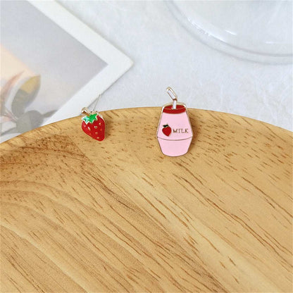 Pink Enamel & Goldtone Strawberry Milk Stud Earrings