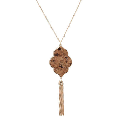 Brown Polyurethane & Goldtone Flower Tassel Pendant Necklace