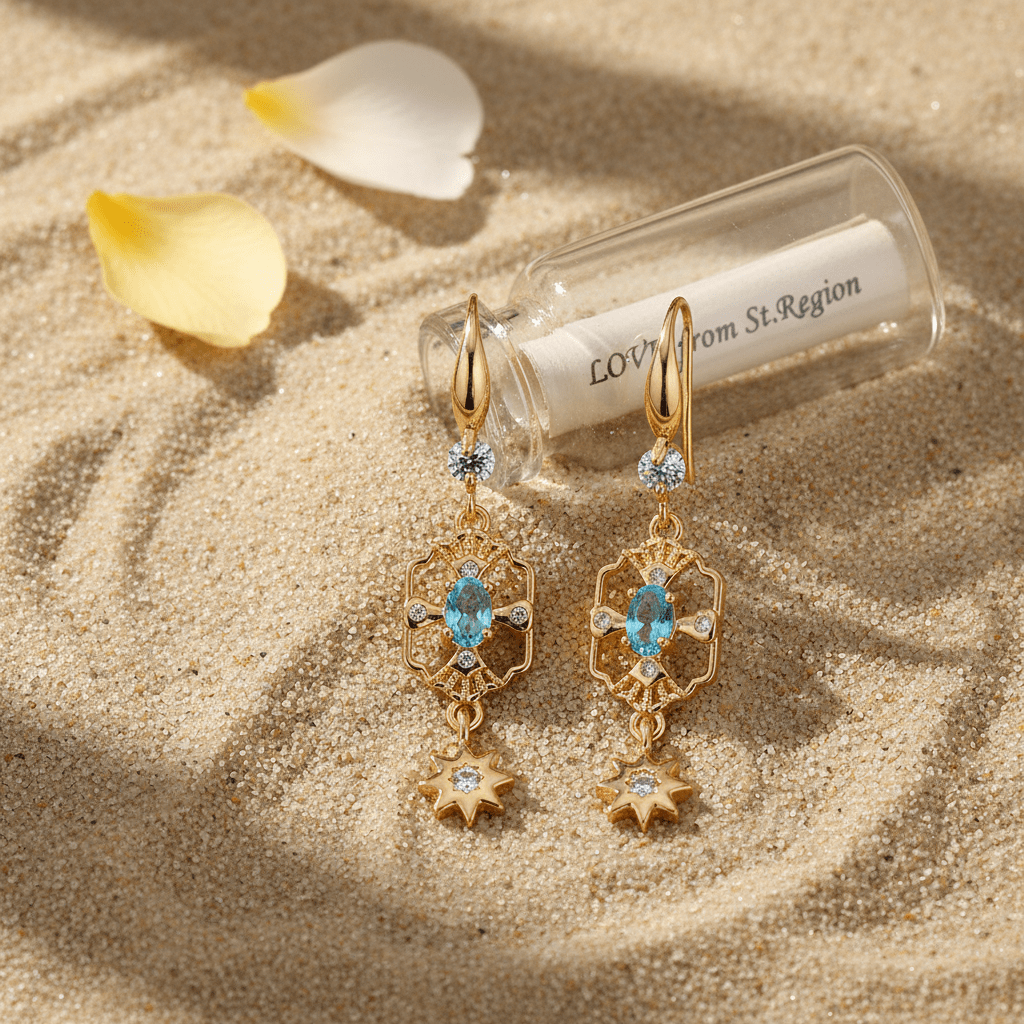 Sea Blue Crystal & Cubic Zirconia Goldtone Scalloped Edge Starburst Hook Earrings