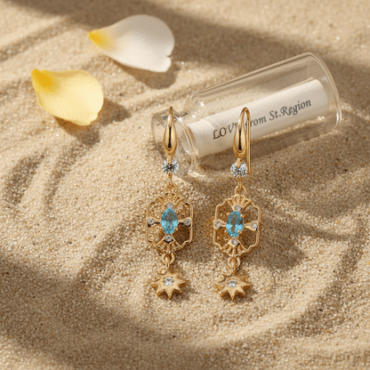 Sea Blue Crystal & Cubic Zirconia Goldtone Scalloped Edge Starburst Hook Earrings
