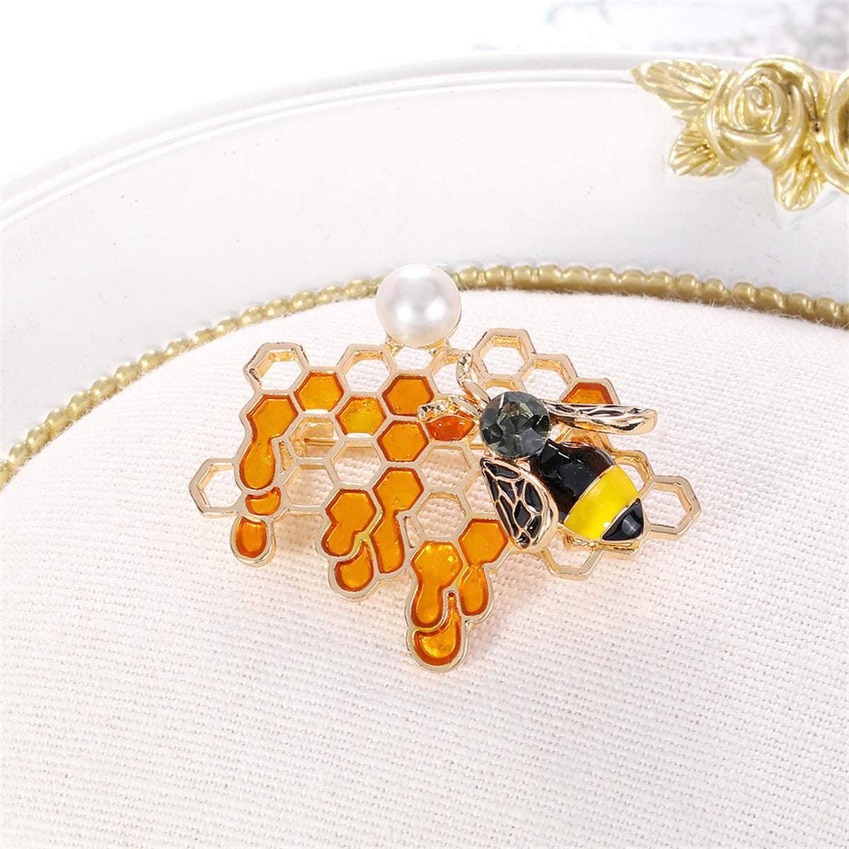 Black Cubic Zirconia & Yellow Enamel Pearl Goldtone Bee & Honeycomb Brooch