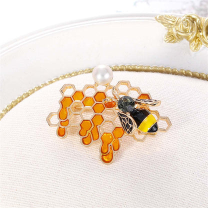Black Cubic Zirconia & Yellow Enamel Pearl Goldtone Bee & Honeycomb Brooch