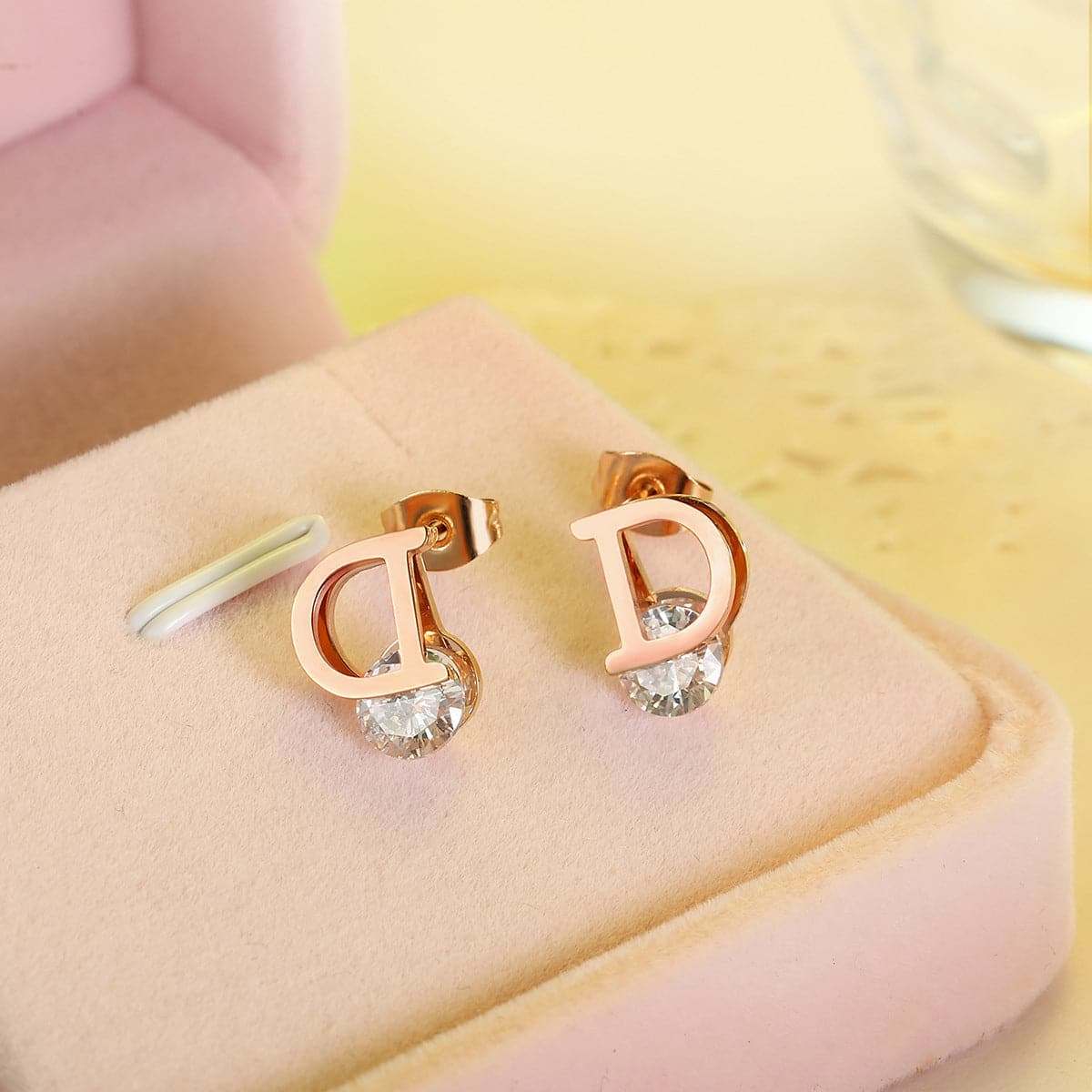 Crystal & Rose Goldtone 'D' Stud Earrings
