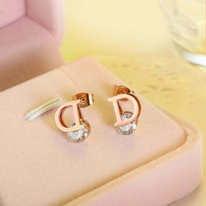 Crystal & Rose Goldtone 'D' Stud Earrings