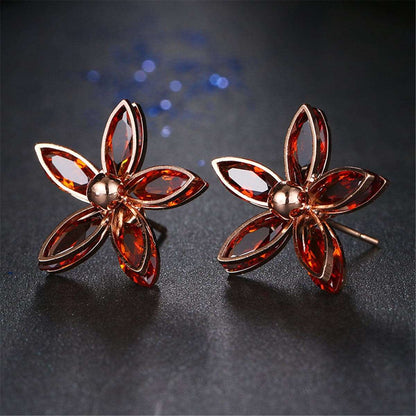 Red Crystal & Rose Goldtone Floral Stud Earrings
