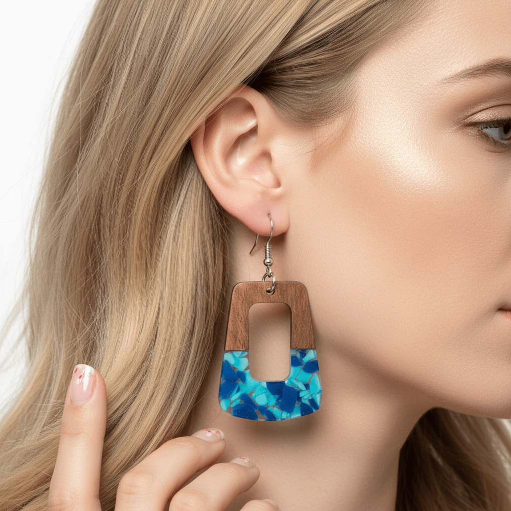 Navy Resin & Wood Silvertone Leopard Print Trapezoid Hook Earrings