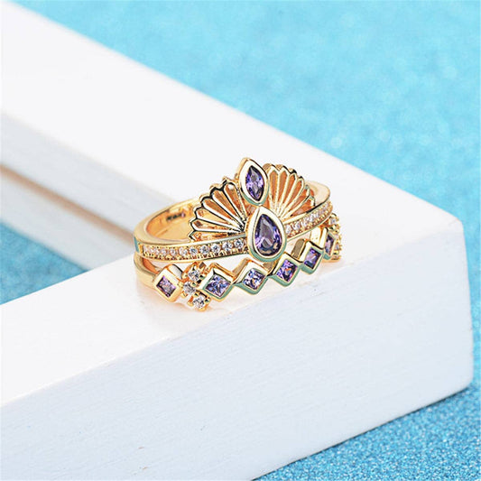 Purple Crystal & Cubic Zirconia Crown Ring Set