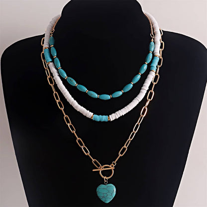 Turquoise & White Polymer Clay Goldtone Heart Layered Pendant Necklace Set