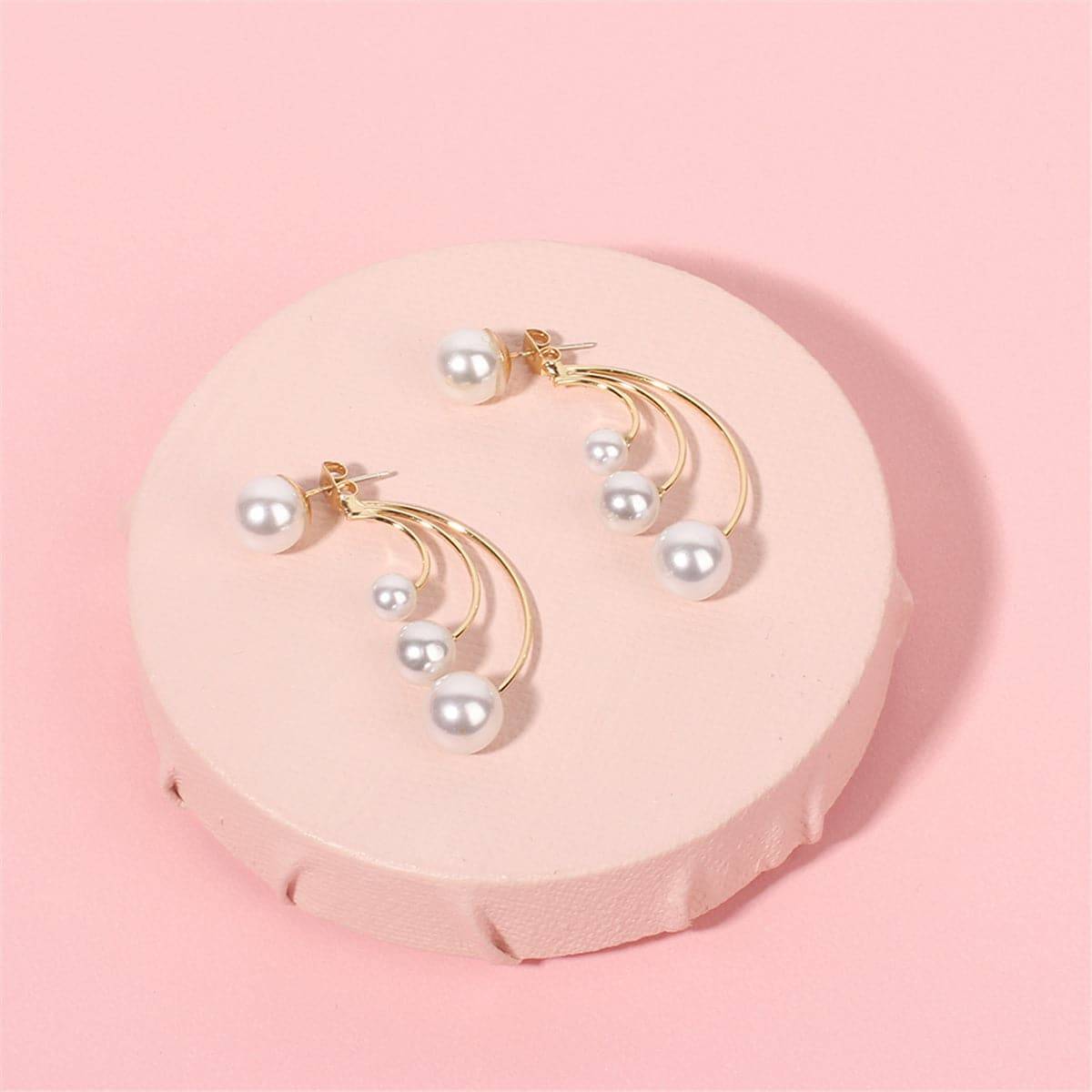Pearl & Goldtone Curved Drop Earrings