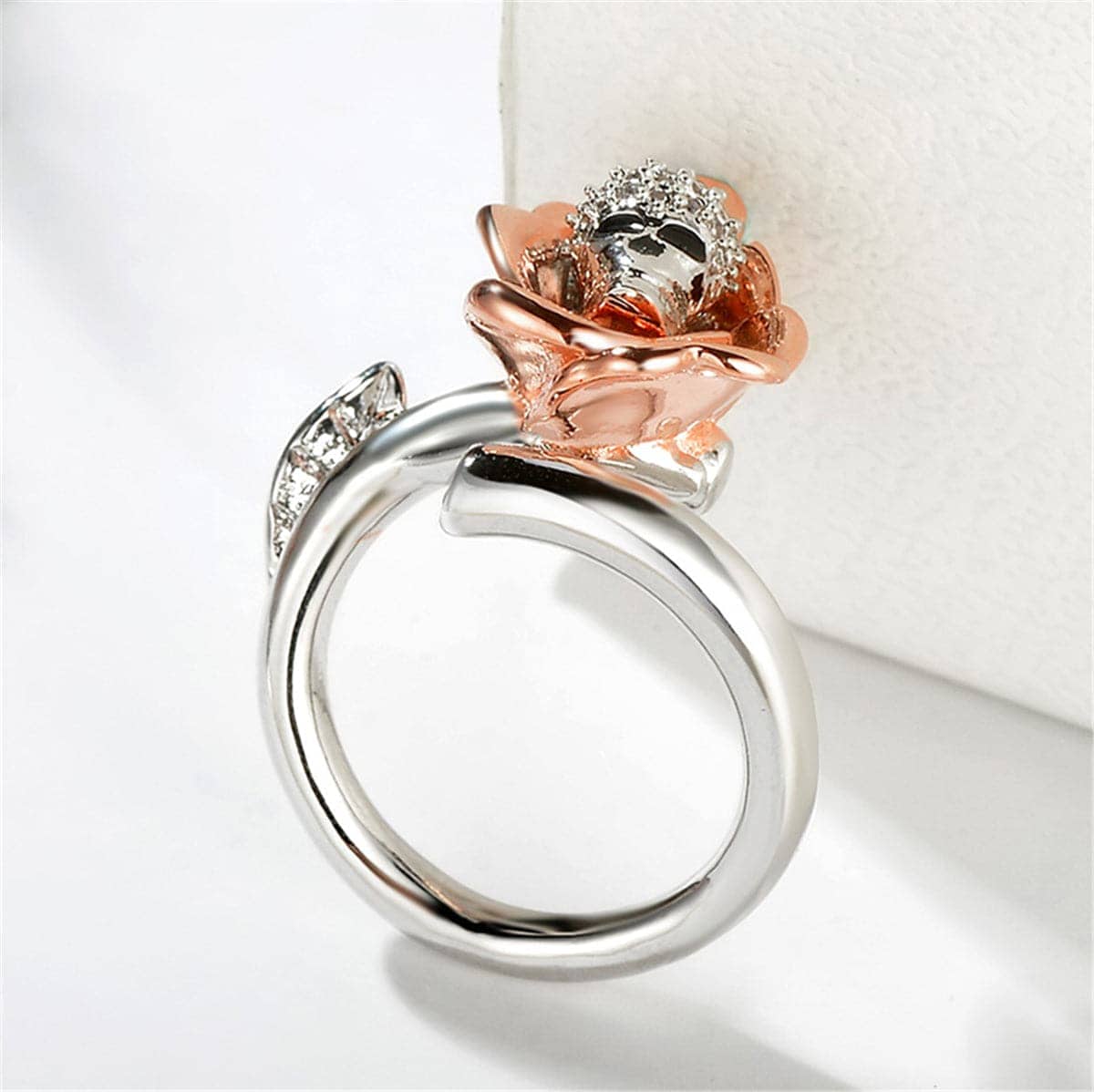 Silvertone & Rose Goldtone Skull Rose Adjustable Ring