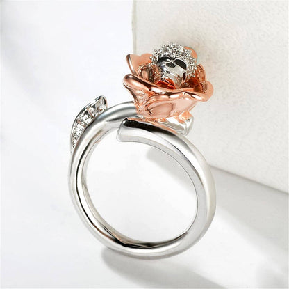 Silvertone & Rose Goldtone Skull Rose Adjustable Ring
