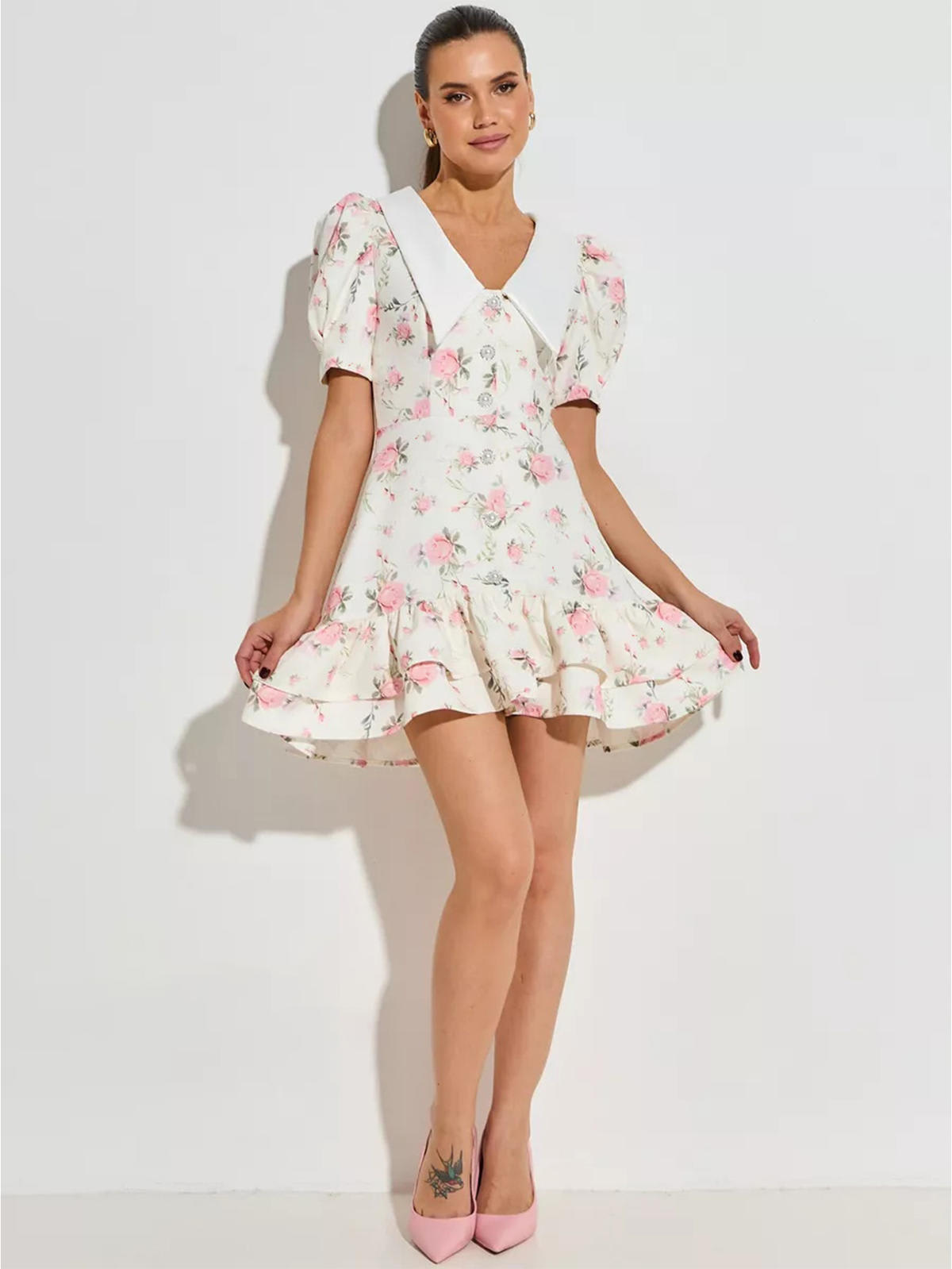 Chic YC Women's Floral Peter Pan Collar Puff Sleeve Mini Dress Vintage Ruffle Hem Summer Casual Dress Pink / L