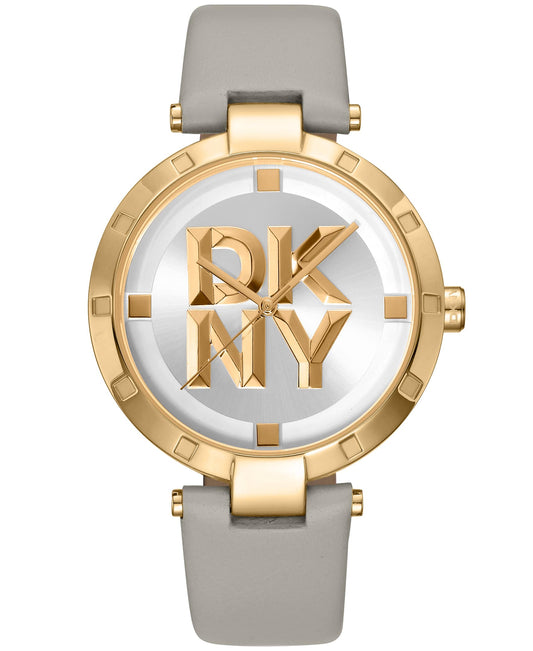Dkny Women Watch, Gold Color Case, Silver White Dial, Grey Leather Strap, 3 Hands, 5 Atm