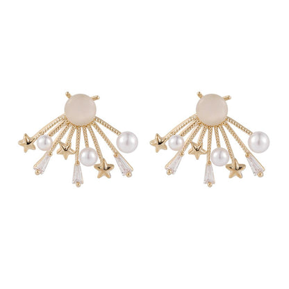 Cats Eye & Pearl Goldtone Star Stud Earrings