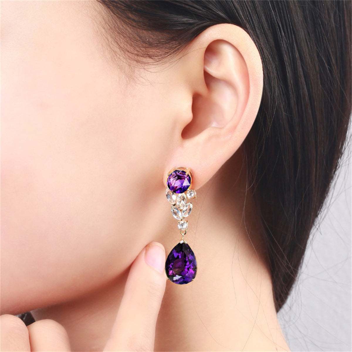 Purple Crystal & Goldtone Pear Drop Earrings