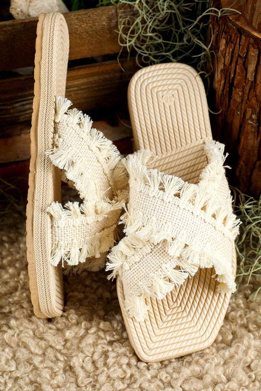 Threaded Pear Vada Tassel Woven Crossed Straps Flat Slippers