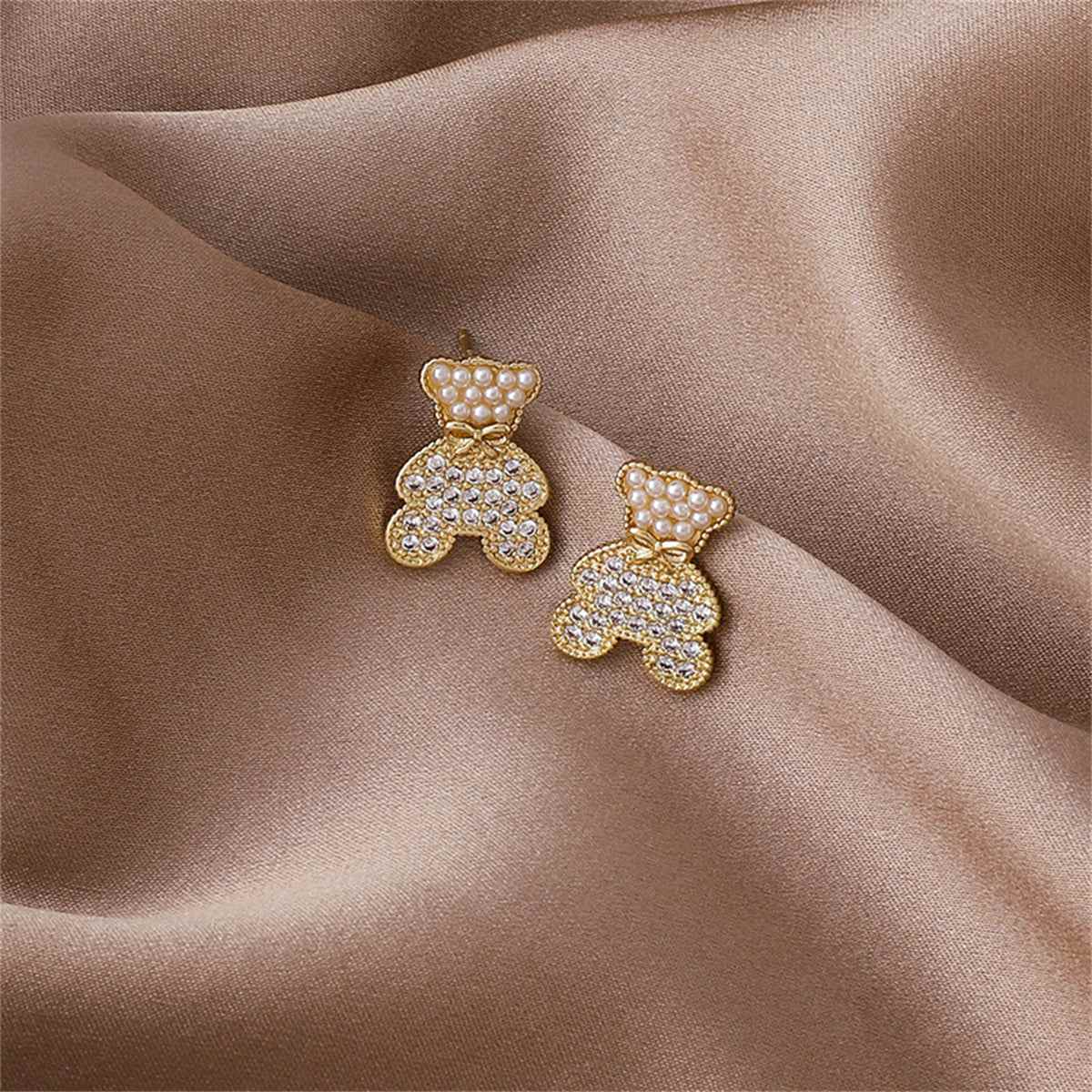 Pearl & Cubic Zirconia Goldtone Bear Stud Earrings