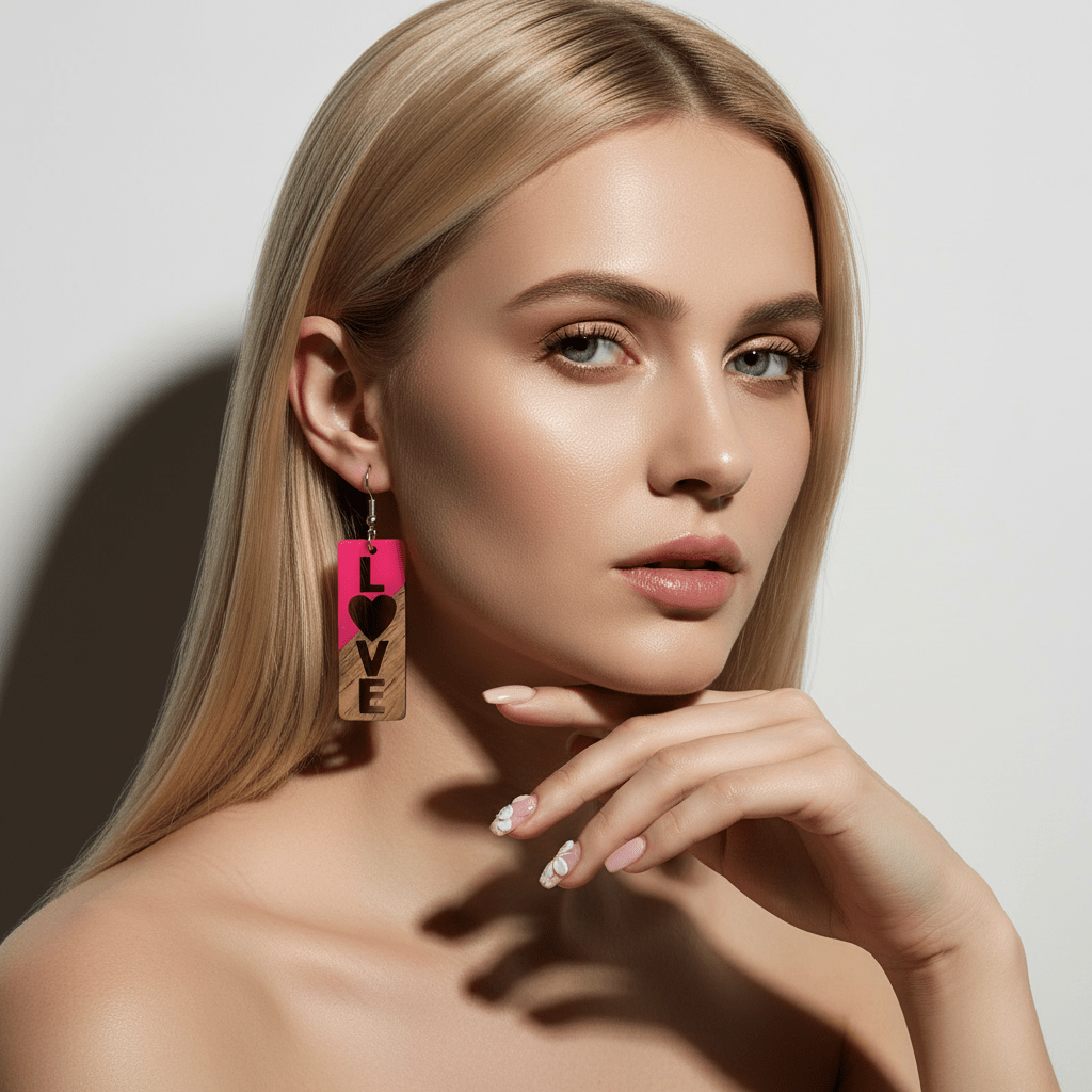 Rose Resin & Wood Silvertone 'Love' Hook Earrings
