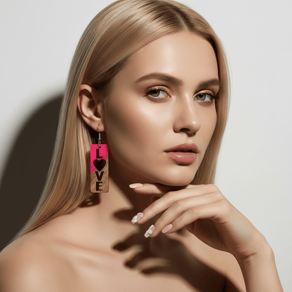 Rose Resin & Wood Silvertone 'Love' Hook Earrings