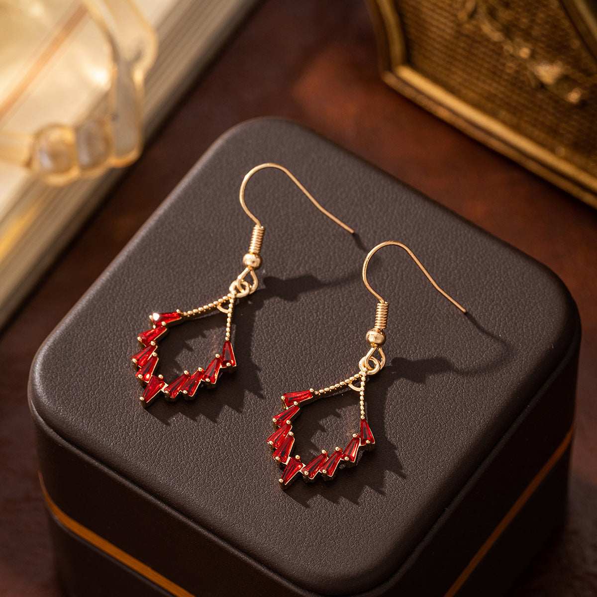 Red Cubic Zirconia & Goldtone Rhombus Hook Earrings