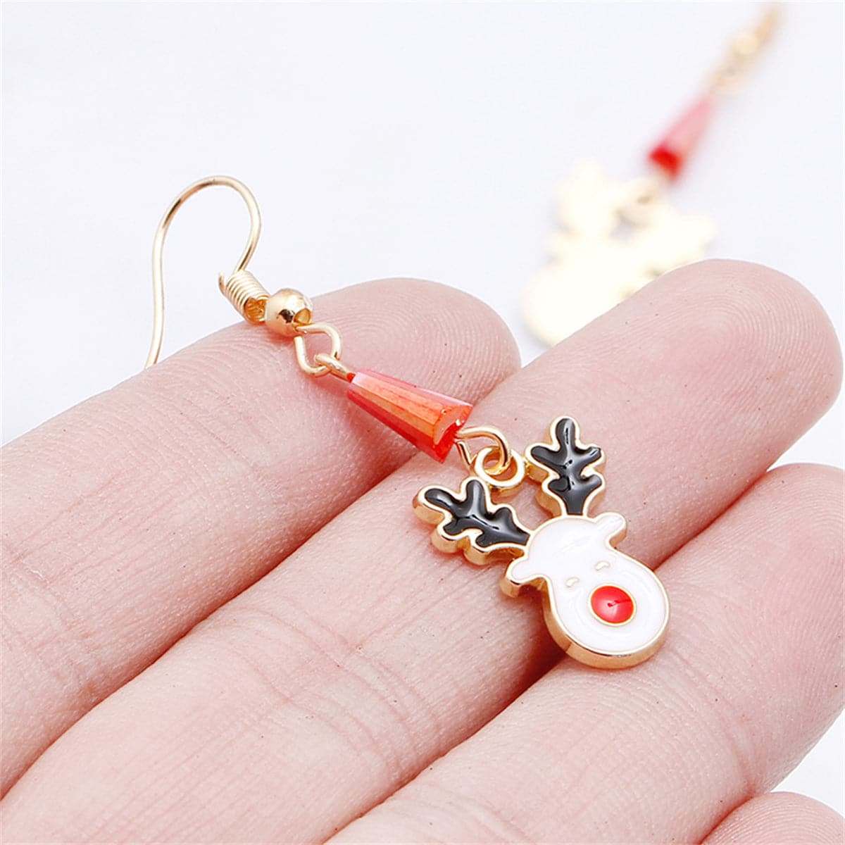 White Enamel & Acrylic Goldtone Reindeer Face Drop Earring